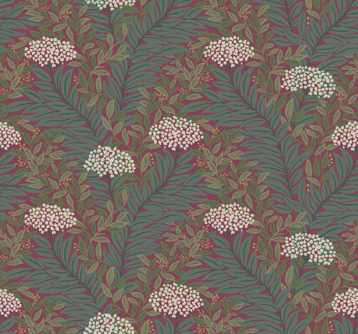 Highgrove Burgundy Wallpaper by Rifle Paper Co. Designer Rifle Paper Co. 3rd Edition Covers about 60.8 square feet 27-in by 27-ft long roll Unpasted 12.63 - Swanky Fabrics -