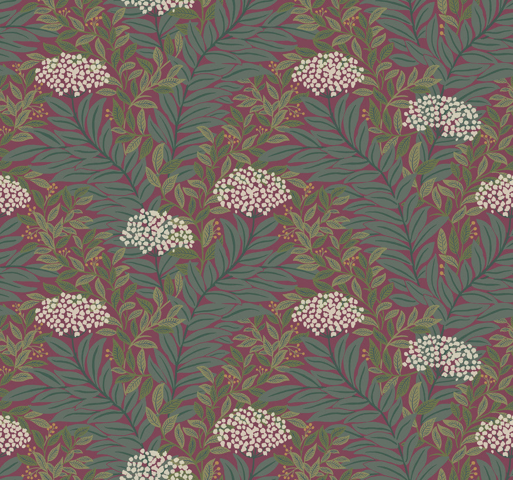 Highgrove Burgundy Wallpaper by Rifle Paper Co. Rifle Paper Co. 3rd Edition Covers about 60.8 square feet 27-in by 27-ft long roll Unpasted 12.63 - Fabric Carolina -