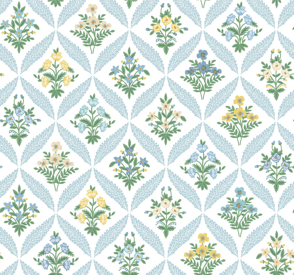 Estee Garden Blue Wallpaper by Rifle Paper Co. Rifle Paper Co. 3rd Edition Covers about 60.8 square feet 27-in by 27-ft long roll Unpasted 25.25 - Fabric Carolina -