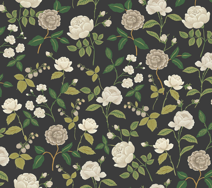 Roses Black Wallpaper by Rifle Paper Co. Rifle Paper Co. 3rd Edition Covers about 60.8 square feet 27-in by 27-ft long roll Unpasted 24 - Fabric Carolina -