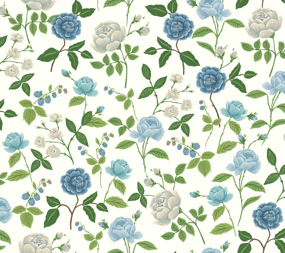 Roses Blue Wallpaper by Rifle Paper Co. Rifle Paper Co. 3rd Edition Covers about 60.8 square feet 27-in by 27-ft long roll Unpasted 24 - Fabric Carolina -