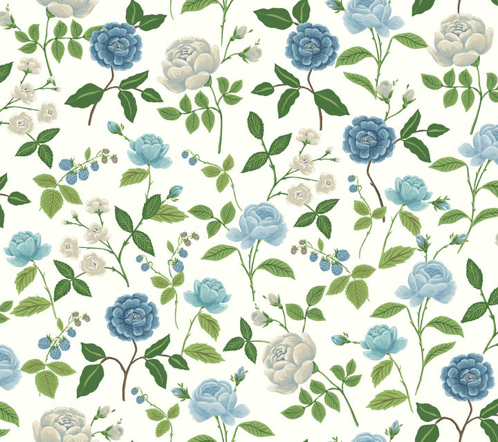 Roses Blue Wallpaper by Rifle Paper Co. Rifle Paper Co. 3rd Edition Covers about 60.8 square feet 27-in by 27-ft long roll Unpasted 24 - Fabric Carolina -