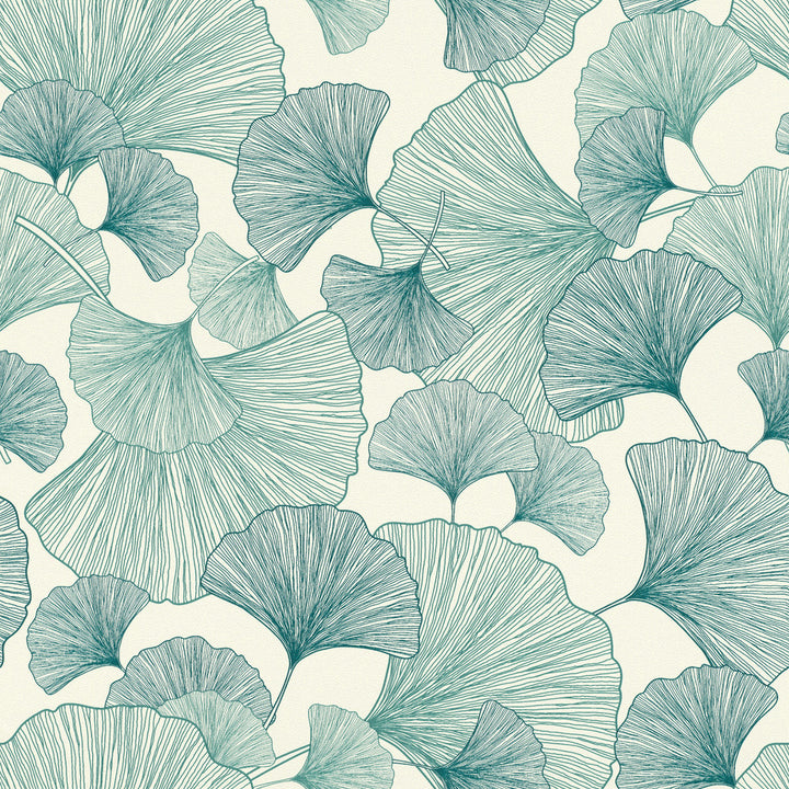 Waft Teal Ginkgo Wallpaper by Rasch Rasch Covers about 57.5 square feet Germany Unpasted 20.86-in repeat, straight match 20.9-in by 33-ft long roll - Fabric Carolina -