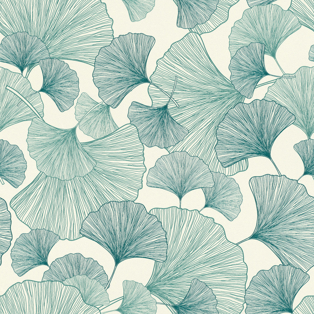 Waft Teal Ginkgo Wallpaper by Rasch Rasch Covers about 57.5 square feet Germany Unpasted 20.86-in repeat, straight match 20.9-in by 33-ft long roll - Fabric Carolina -