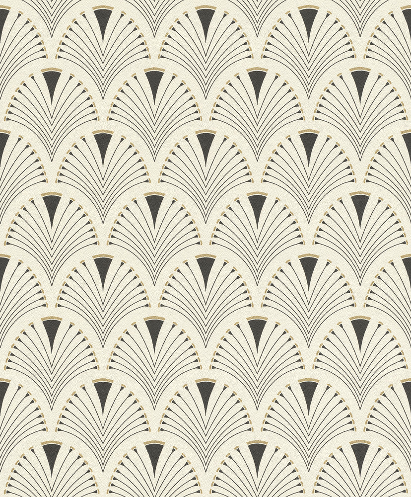 Ruhlmann Cream Fan Wallpaper by Rasch Rasch Covers about 56.4 square feet Germany Unpasted 6.3-in repeat, straight match 20.5-in by 33-ft long roll - Fabric Carolina -