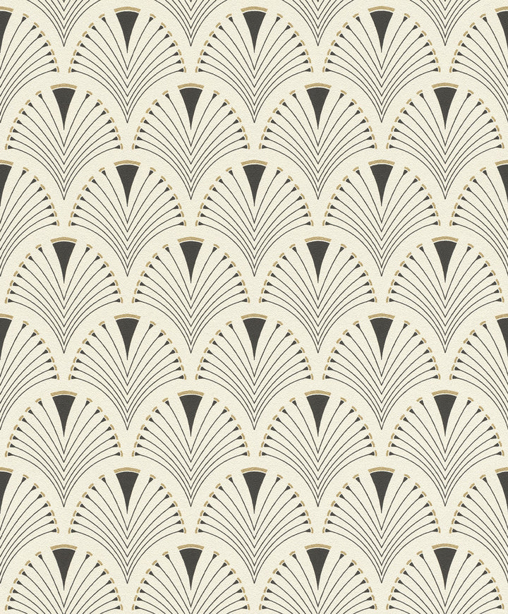 Ruhlmann Cream Fan Wallpaper by Rasch Rasch Covers about 56.4 square feet Germany Unpasted 6.3-in repeat, straight match 20.5-in by 33-ft long roll - Fabric Carolina -