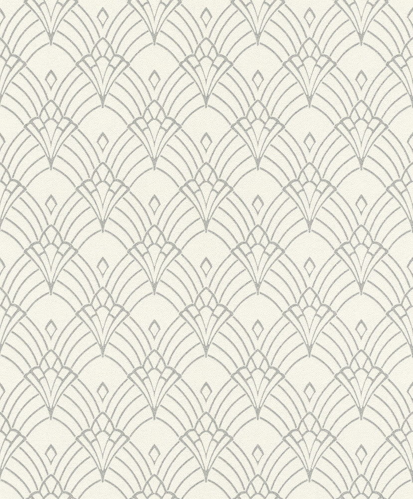 Rooney White Fan Wallpaper by Rasch Rasch Covers about 56.4 square feet Germany Unpasted 6.3-in repeat, straight match 20.5-in by 33-ft long roll - Fabric Carolina -