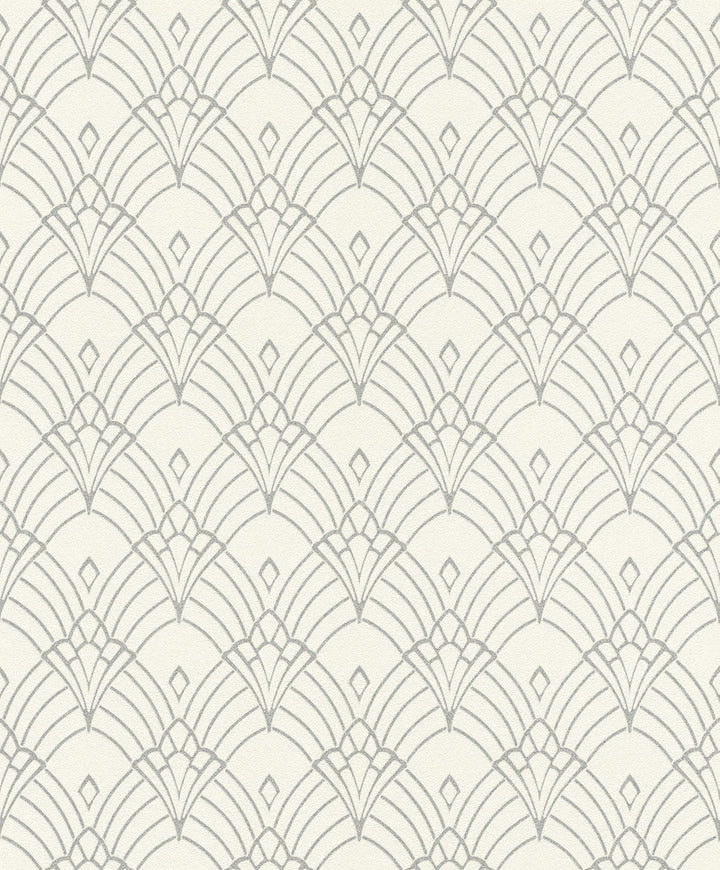 Rooney White Fan Wallpaper by Rasch Rasch Covers about 56.4 square feet Germany Unpasted 6.3-in repeat, straight match 20.5-in by 33-ft long roll - Fabric Carolina -