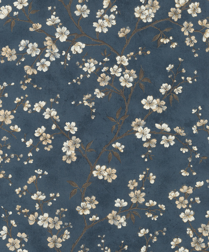 Tsubomi Blue Cherry Blossom Wallpaper by Rasch Rasch Covers about 57.5 square feet Germany Unpasted 12.6-in repeat, drop match 20.9-in by 33-ft long roll - Fabric Carolina -