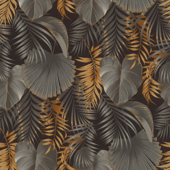 Valdivi Black Palm Fronds Wallpaper by Rasch Rasch Covers about 57.5 square feet Germany Unpasted 20.86-in repeat, straight match 20.9-in by 33-ft long roll - Fabric Carolina -