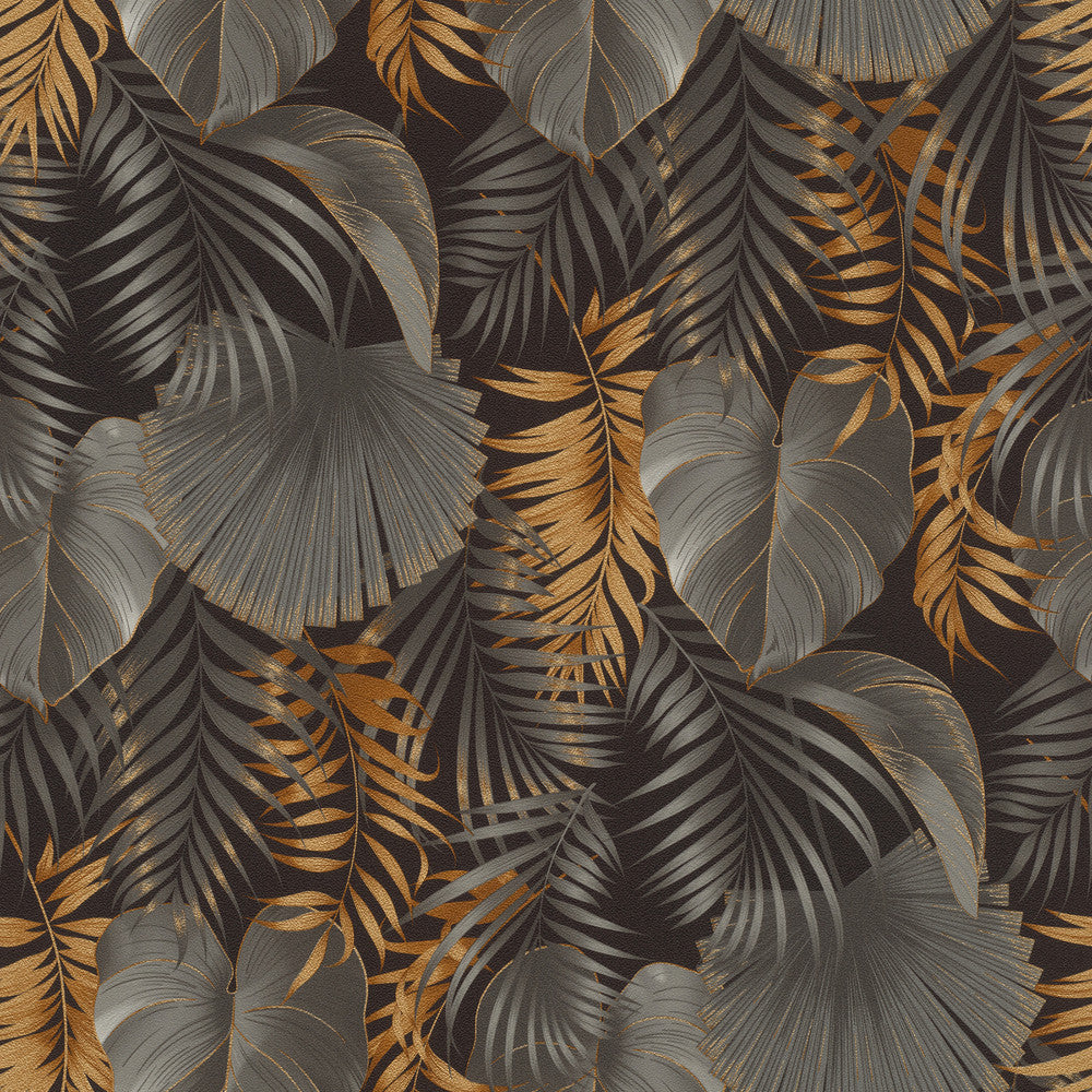 Valdivi Black Palm Fronds Wallpaper by Rasch Rasch Covers about 57.5 square feet Germany Unpasted 20.86-in repeat, straight match 20.9-in by 33-ft long roll - Fabric Carolina -