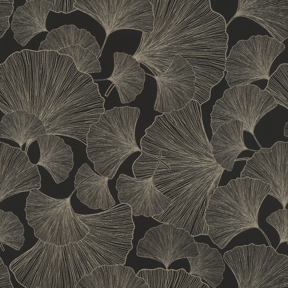 Waft Black Ginkgo Wallpaper by Rasch Rasch Covers about 57.5 square feet Germany Unpasted 20.86-in repeat, straight match 20.9-in by 33-ft long roll - Fabric Carolina -