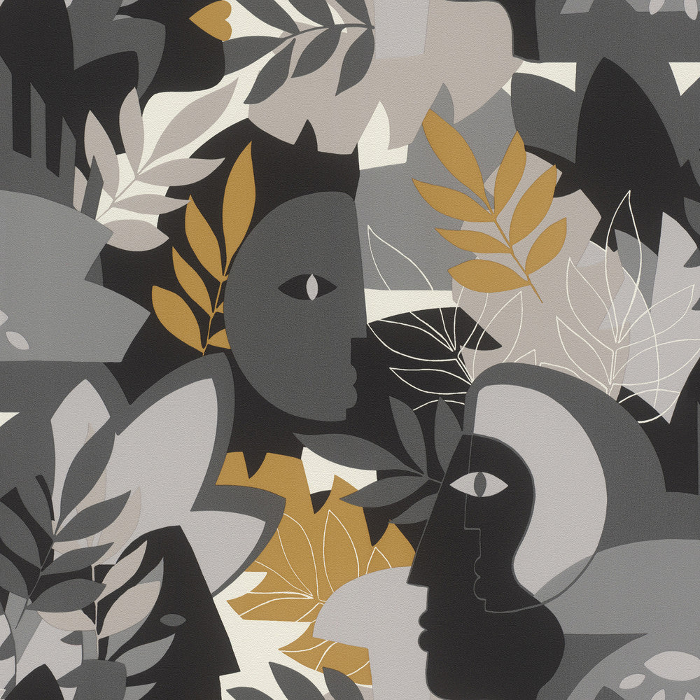Giacometti Grey Flora & Faces Wallpaper by Rasch Rasch Covers about 57.5 square feet Germany Unpasted 10.43-in repeat, drop match 20.9-in by 33-ft long roll - Fabric Carolina -