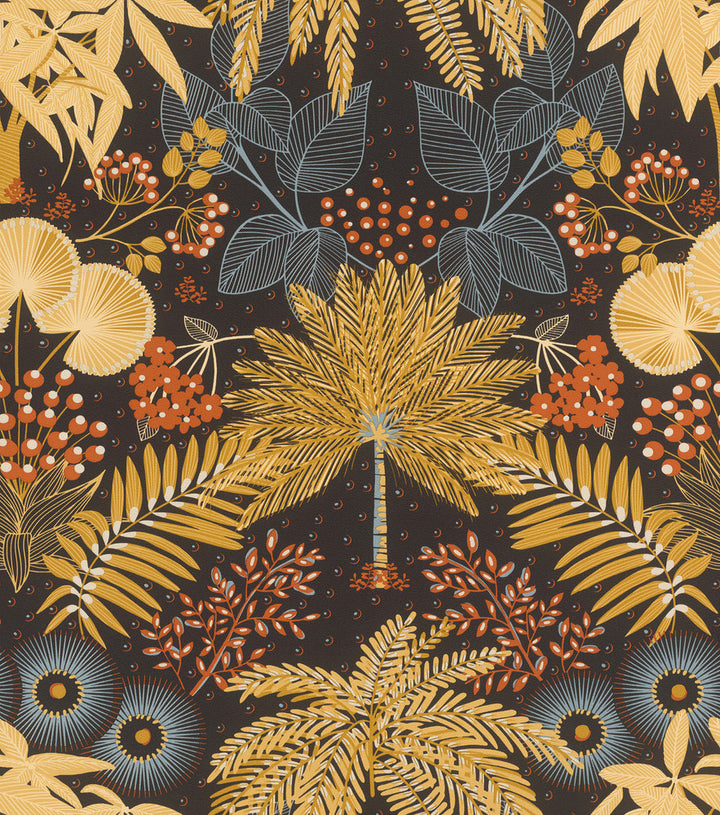 Leonor Mustard Bohemian Jungle Wallpaper by Rasch Rasch Covers about 57.5 square feet Germany Unpasted 23.6-in repeat, straight match 20.9-in by 33-ft long roll - Fabric Carolina -