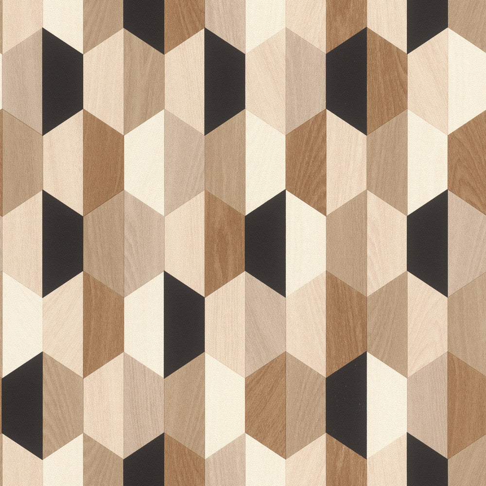 Anthony Black Wooden Hexagon Wallpaper by Rasch Rasch Covers about 57.5 square feet Germany Unpasted 20.86-in repeat, straight match 20.9-in by 33-ft long roll - Fabric Carolina -