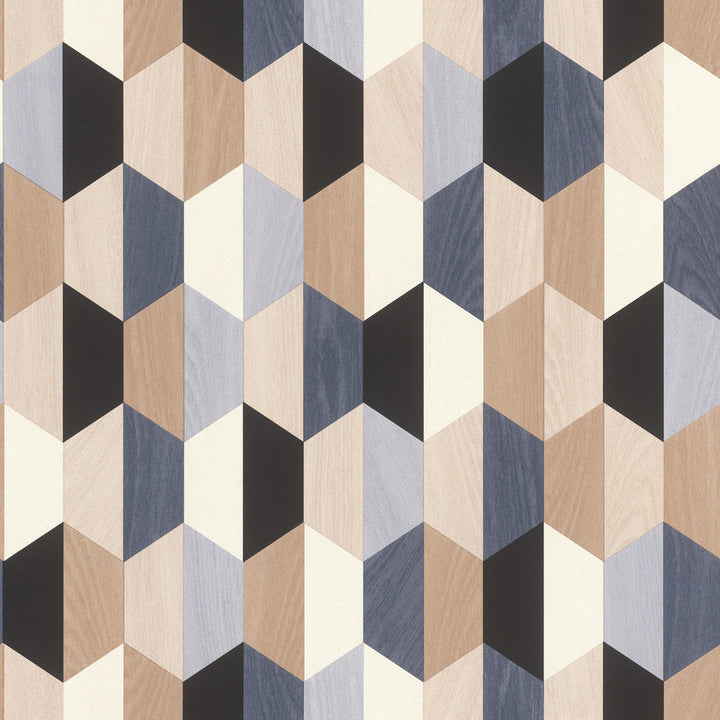 Anthony Blue Wooden Hexagon Wallpaper by Rasch Rasch Covers about 57.5 square feet Germany Unpasted 20.86-in repeat, straight match 20.9-in by 33-ft long roll - Fabric Carolina -