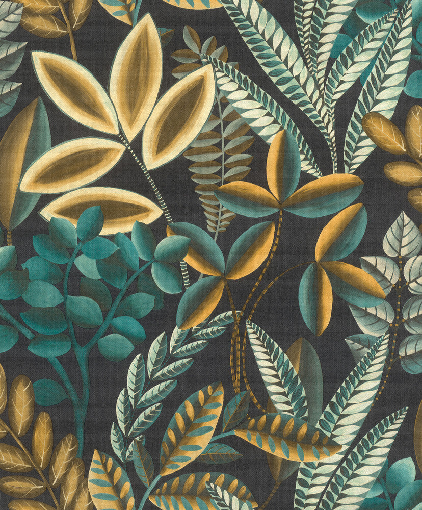 Liani Black Painterly Botanical Wallpaper by Rasch Rasch Covers about 57.5 square feet Germany Unpasted 12.6-in repeat, drop match 20.9-in by 33-ft long roll - Fabric Carolina -