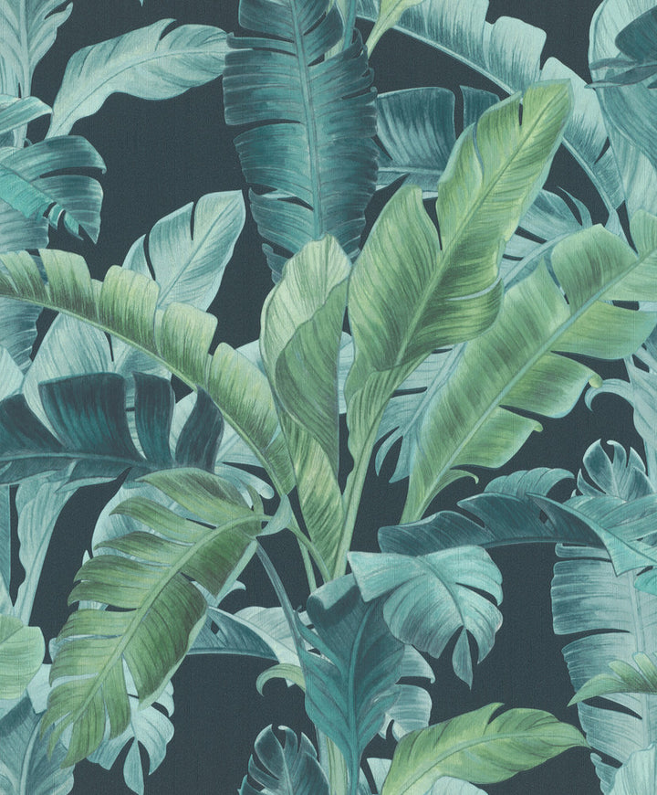 Orissa Dark Blue Palm Frond Wallpaper by Rasch Rasch Covers about 56.4 square feet Germany Unpasted 12.6-in repeat, drop match 20.5-in by 33-ft long roll - Fabric Carolina -