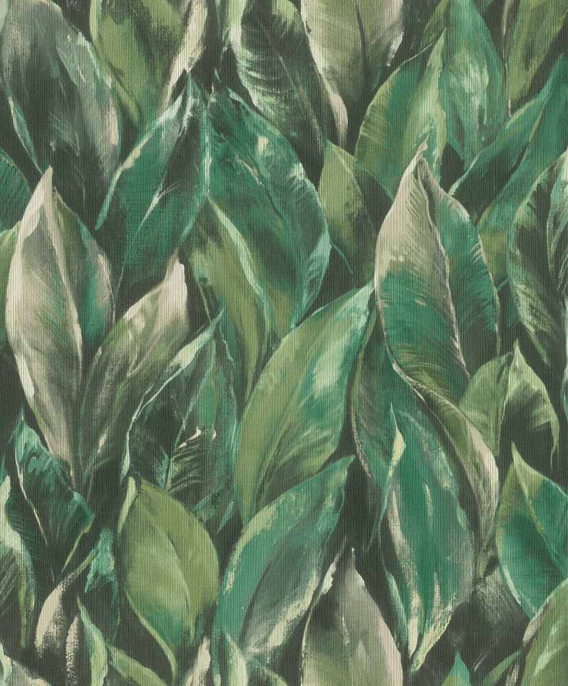 Maclayi Green Banana Leaf Wallpaper by Rasch Rasch Covers about 57.5 square feet Germany Unpasted 12.6-in repeat, drop match 20.9-in by 33-ft long roll - Fabric Carolina -