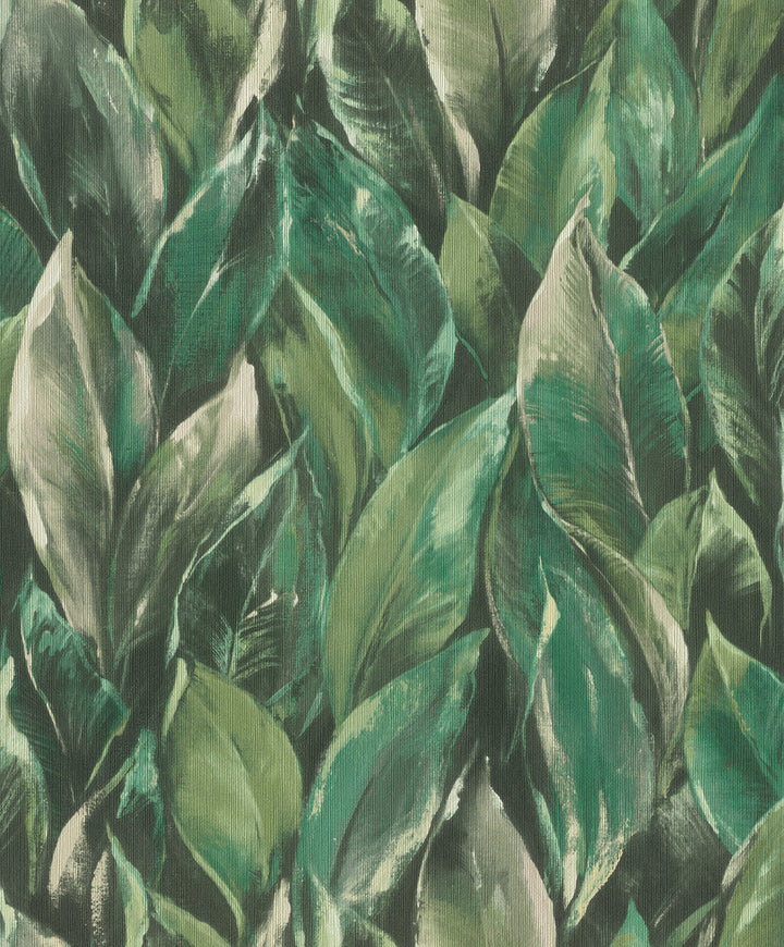 Maclayi Green Banana Leaf Wallpaper by Rasch Rasch Covers about 57.5 square feet Germany Unpasted 12.6-in repeat, drop match 20.9-in by 33-ft long roll - Fabric Carolina -