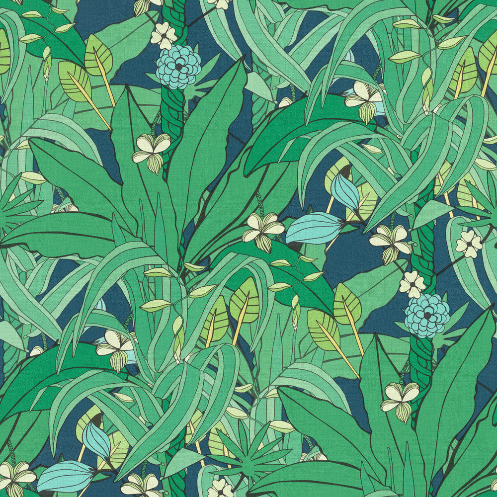 Manipur Green Jungle Canopy Wallpaper by Rasch Rasch Covers about 56.4 square feet Germany Unpasted 20.87-in repeat, straight match 20.5-in by 33-ft long roll - Fabric Carolina -