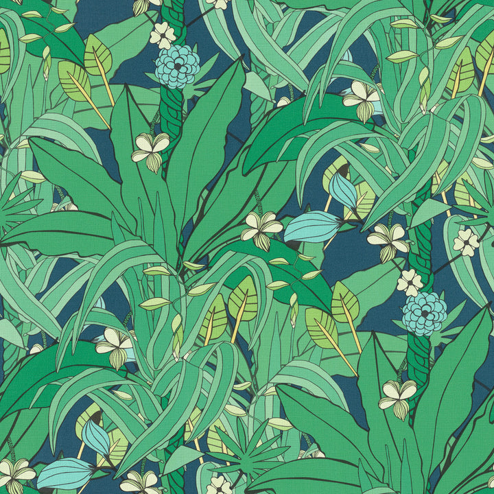 Manipur Green Jungle Canopy Wallpaper by Rasch Rasch Covers about 56.4 square feet Germany Unpasted 20.87-in repeat, straight match 20.5-in by 33-ft long roll - Fabric Carolina -
