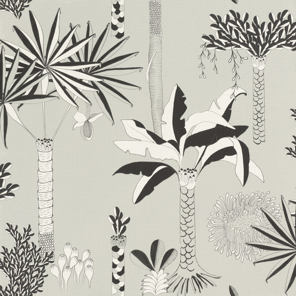 Sanjay Grey Tropical Grove Wallpaper by Rasch Rasch Covers about 56.4 square feet Germany Unpasted 10.43-in repeat, drop match 20.5-in by 33-ft long roll - Fabric Carolina -
