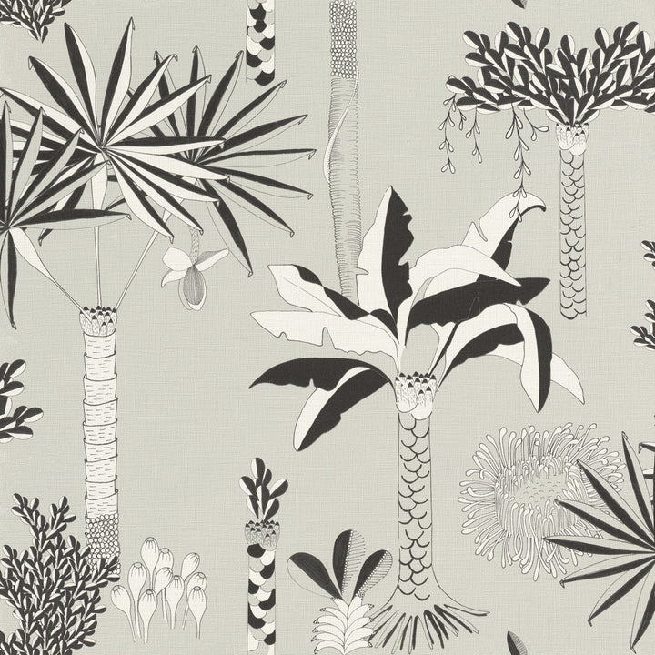 Sanjay Grey Tropical Grove Wallpaper by Rasch Rasch Covers about 56.4 square feet Germany Unpasted 10.43-in repeat, drop match 20.5-in by 33-ft long roll - Fabric Carolina -