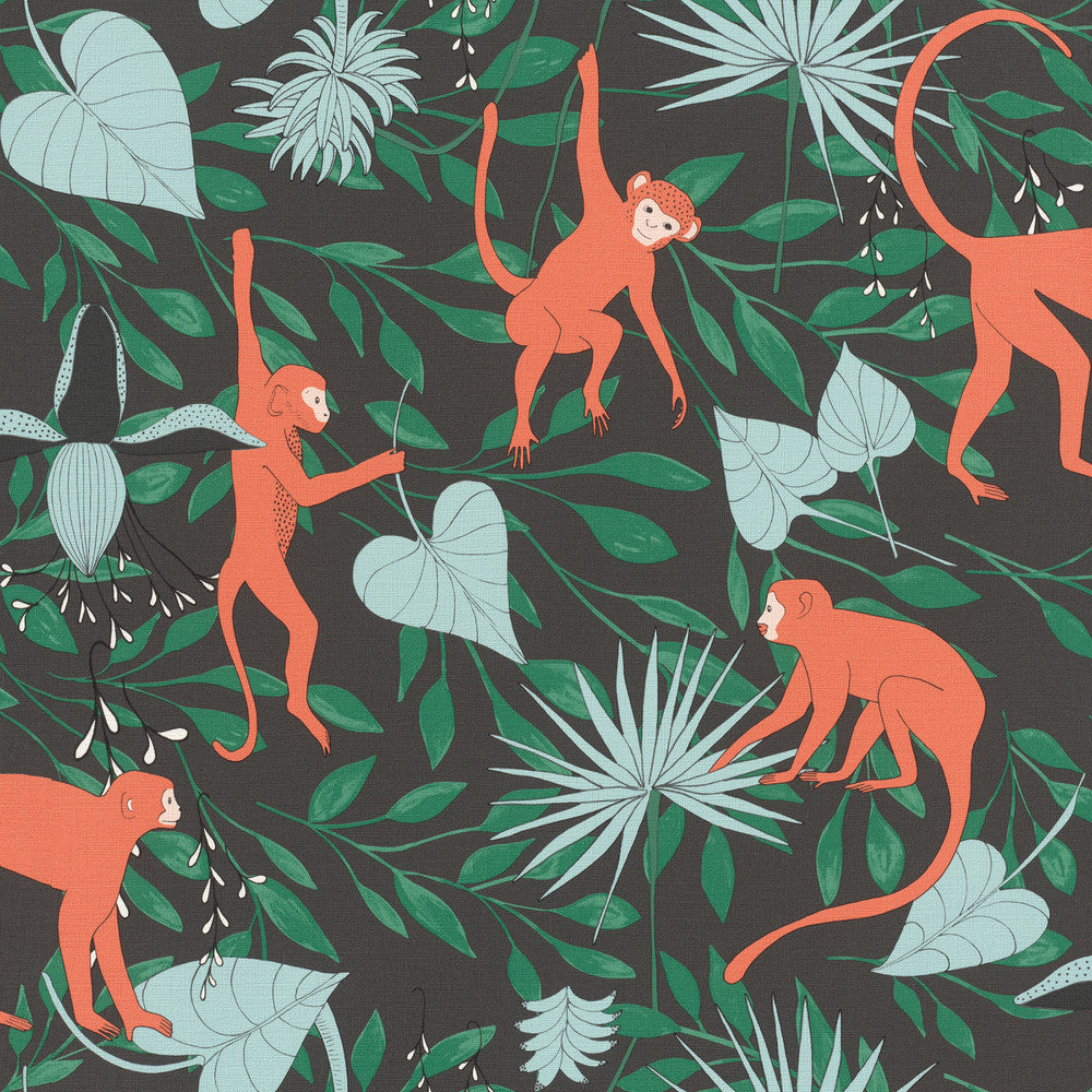 Langur Black Monkey Troop Wallpaper by Rasch Rasch Covers about 56.4 square feet Germany Unpasted 10.43-in repeat, drop match 20.5-in by 33-ft long roll - Fabric Carolina -