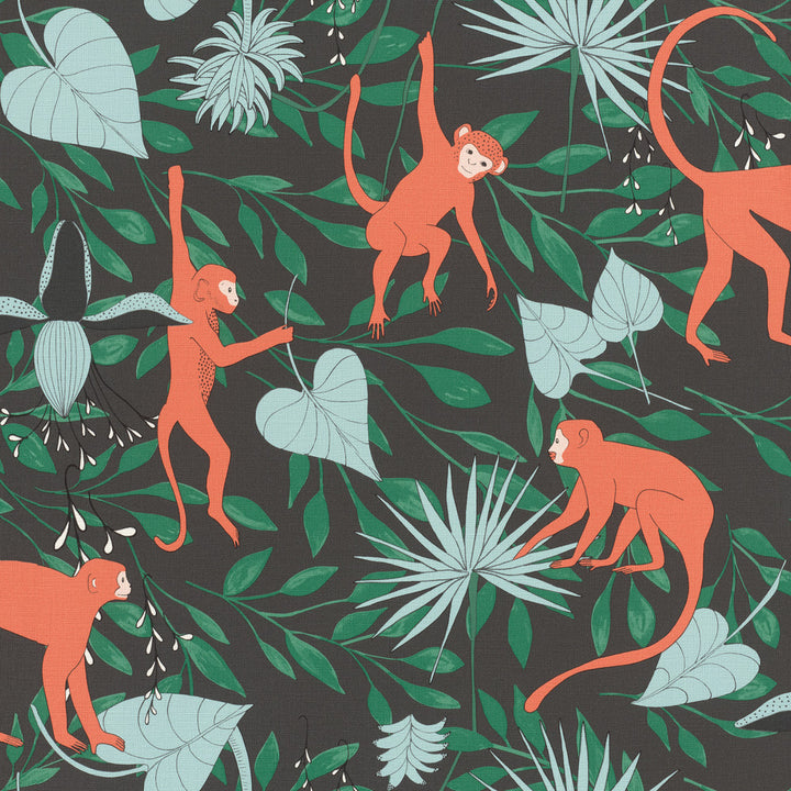Langur Black Monkey Troop Wallpaper by Rasch Rasch Covers about 56.4 square feet Germany Unpasted 10.43-in repeat, drop match 20.5-in by 33-ft long roll - Fabric Carolina -