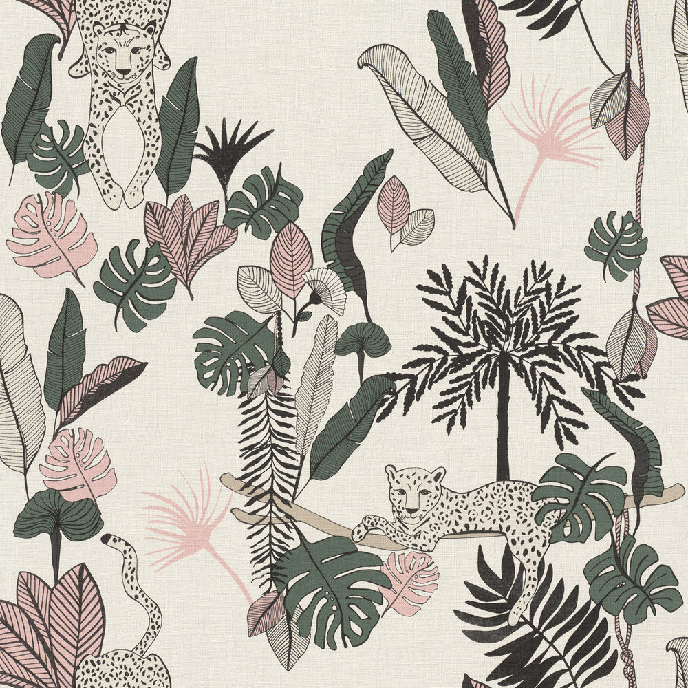 Tadoba Pink Jaguar Grove Wallpaper by Rasch Rasch Covers about 56.4 square feet Germany Unpasted 10.43-in repeat, drop match 20.5-in by 33-ft long roll - Fabric Carolina -