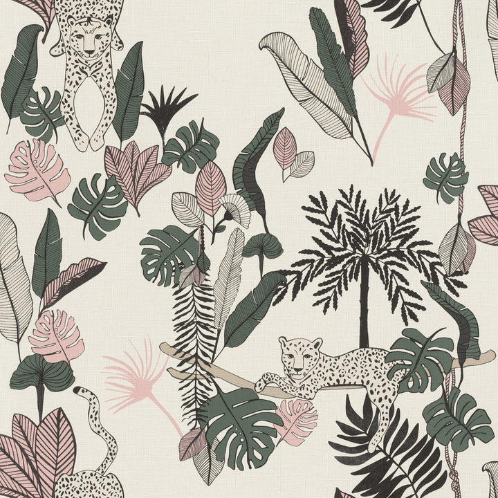 Tadoba Pink Jaguar Grove Wallpaper by Rasch Rasch Covers about 56.4 square feet Germany Unpasted 10.43-in repeat, drop match 20.5-in by 33-ft long roll - Fabric Carolina -