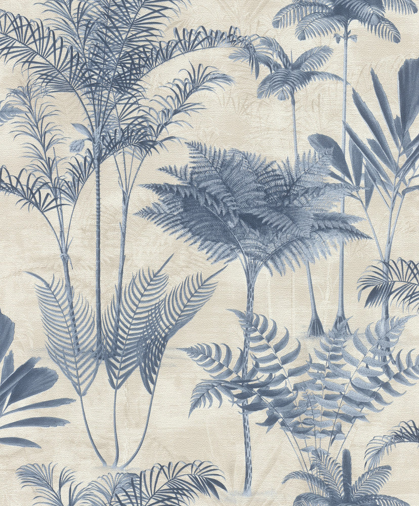 Kinabalu Blue Rainforest Wallpaper by Rasch Rasch Covers about 57.5 square feet Germany Unpasted 12.6-in repeat, drop match 20.9-in by 33-ft long roll - Fabric Carolina -