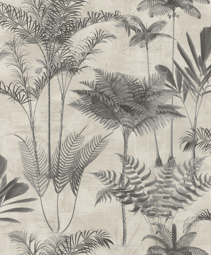 Kinabalu Charcoal Rainforest Wallpaper by Rasch Rasch Covers about 57.5 square feet Germany Unpasted 12.6-in repeat, drop match 20.9-in by 33-ft long roll - Fabric Carolina -