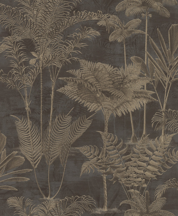 Kinabalu Black Rainforest Wallpaper by Rasch Rasch Covers about 57.5 square feet Germany Unpasted 12.6-in repeat, drop match 20.9-in by 33-ft long roll - Fabric Carolina -