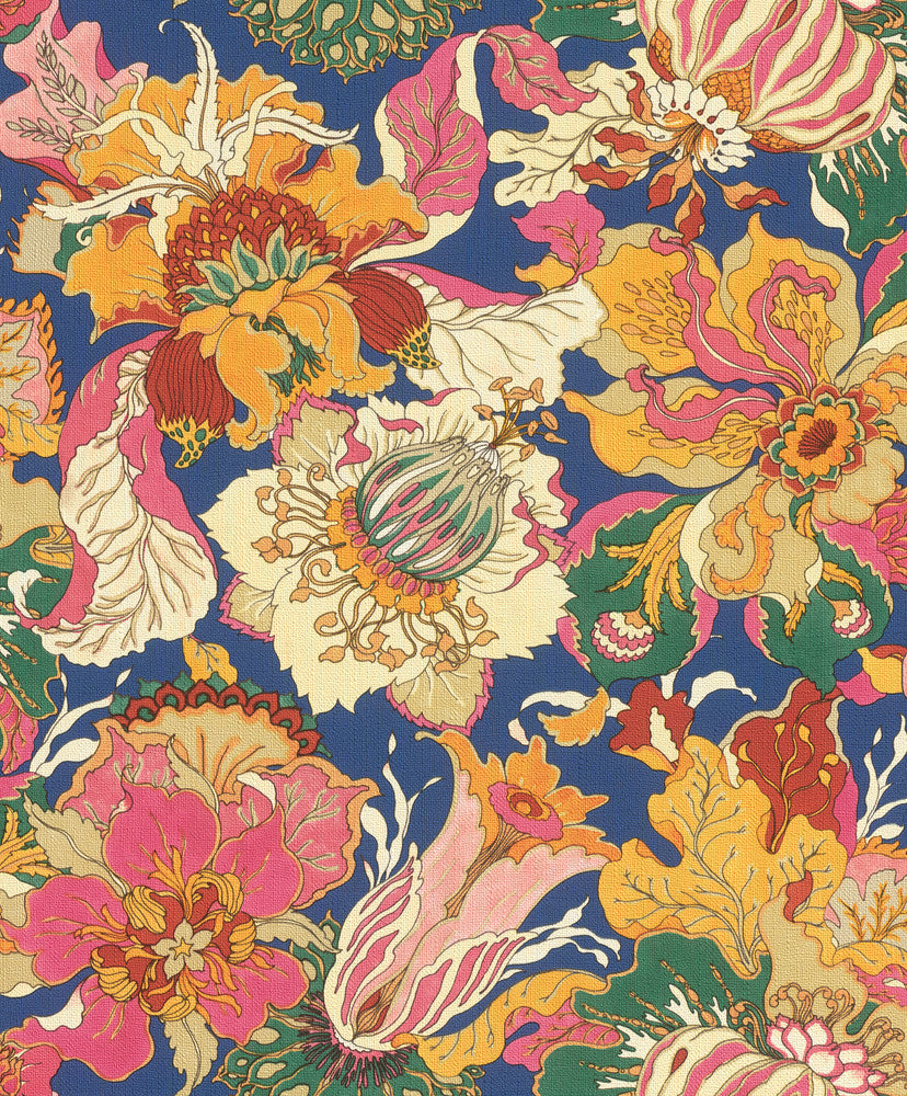 Odisha Orange Jacobean Floral Wallpaper by Rasch Rasch Covers about 57.5 square feet Germany Unpasted 12.6-in repeat, drop match 20.9-in by 33-ft long roll - Fabric Carolina -