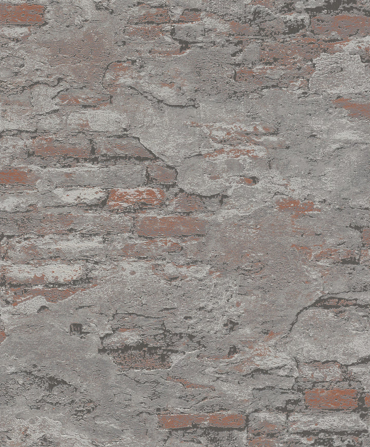 Templier Grey Distressed Brick Wallpaper by Rasch Rasch Covers about 56.4 square feet Germany Unpasted 12.6-in repeat, offset match 20.5-in by 33-ft long roll - Fabric Carolina -