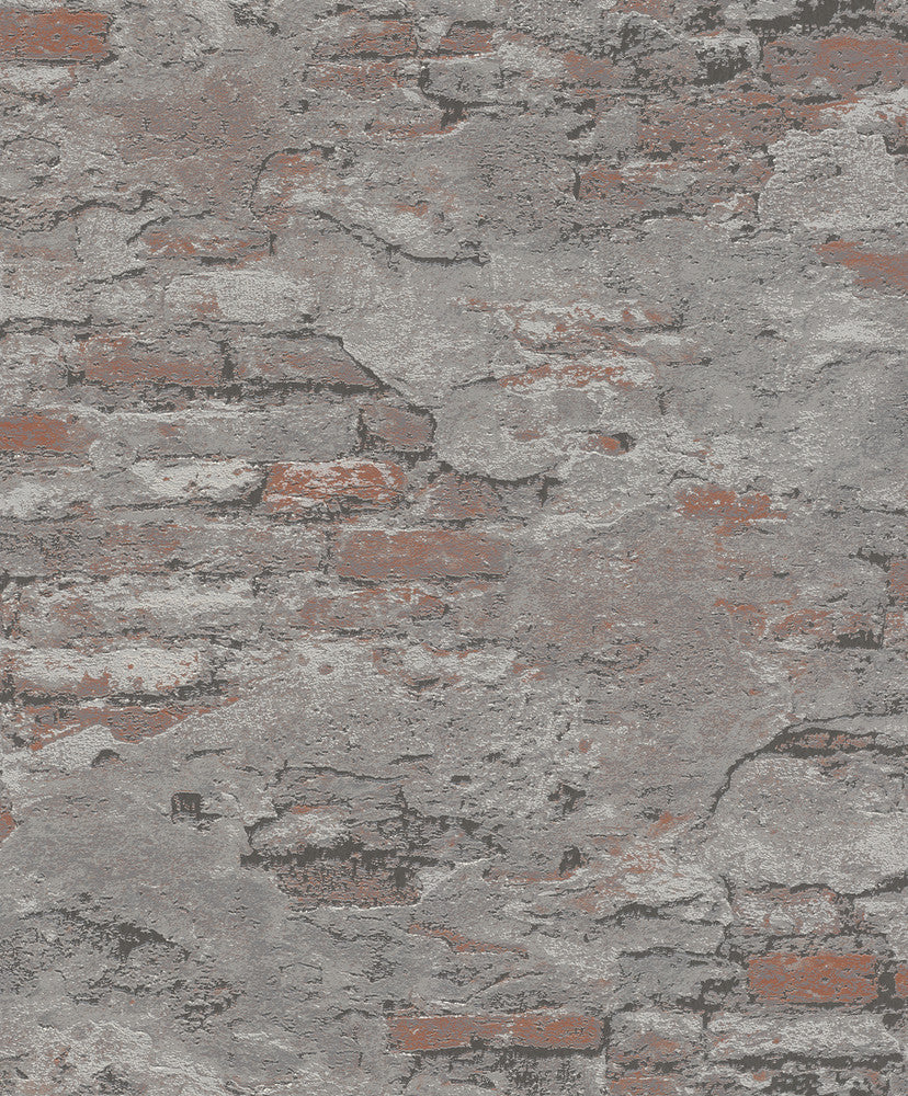 Templier Grey Distressed Brick Wallpaper by Rasch Rasch Covers about 56.4 square feet Germany Unpasted 12.6-in repeat, offset match 20.5-in by 33-ft long roll - Fabric Carolina -