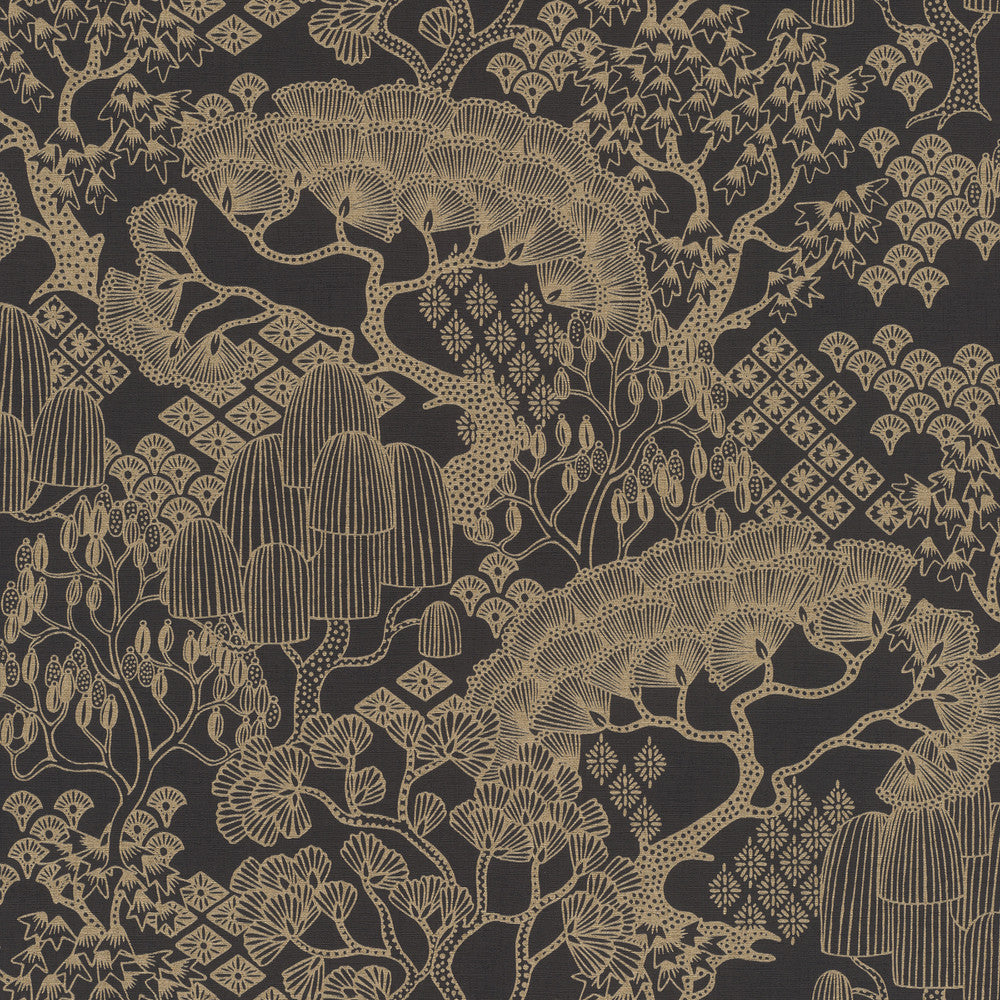 Chiaki Black Bonsai Dreams Wallpaper by Rasch Rasch Covers about 57.5 square feet Germany Unpasted 10.43-in repeat, drop match 20.9-in by 33-ft long roll - Fabric Carolina -