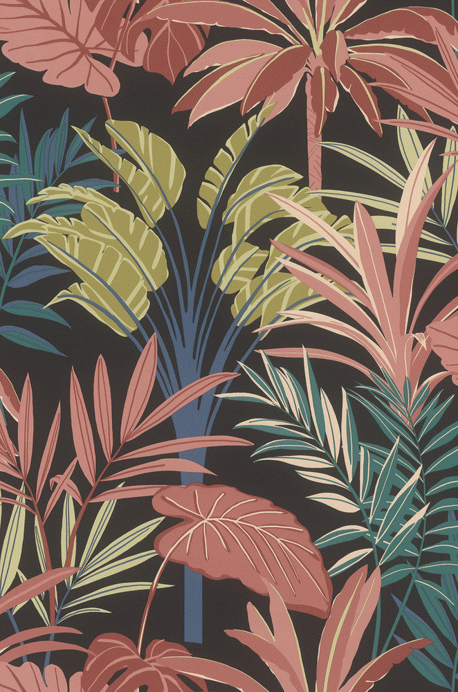 Rudyard Pink Tropical Flora Wallpaper by Rasch Rasch Covers about 57.5 square feet Germany Unpasted 15.7-in repeat, drop match 20.9-in by 33-ft long roll - Fabric Carolina -