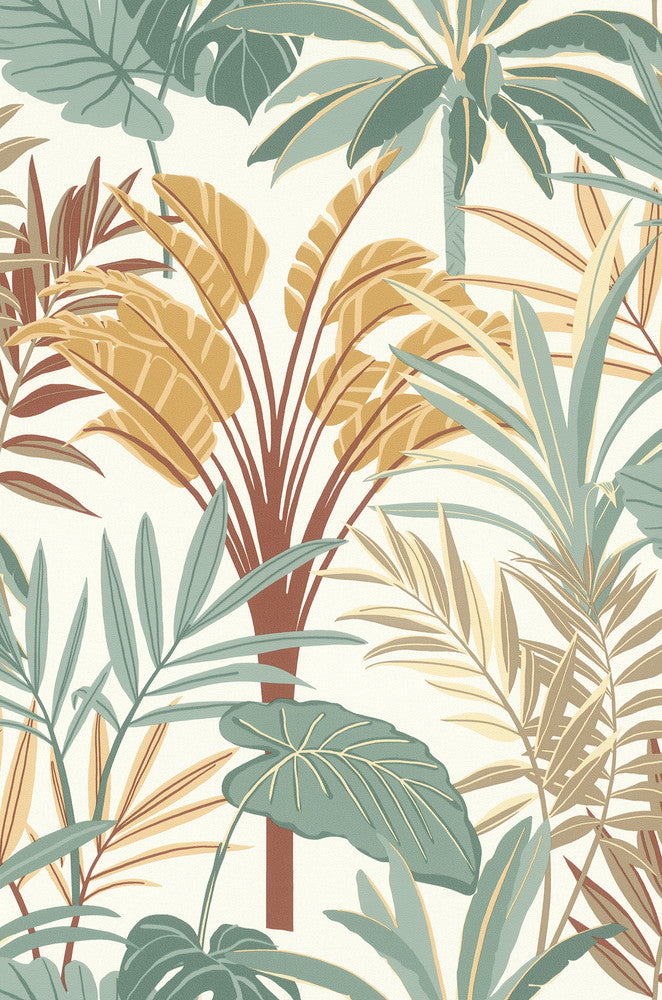 Rudyard Apricot Tropical Flora Wallpaper by Rasch Rasch Covers about 57.5 square feet Germany Unpasted 15.7-in repeat, drop match 20.9-in by 33-ft long roll - Fabric Carolina -