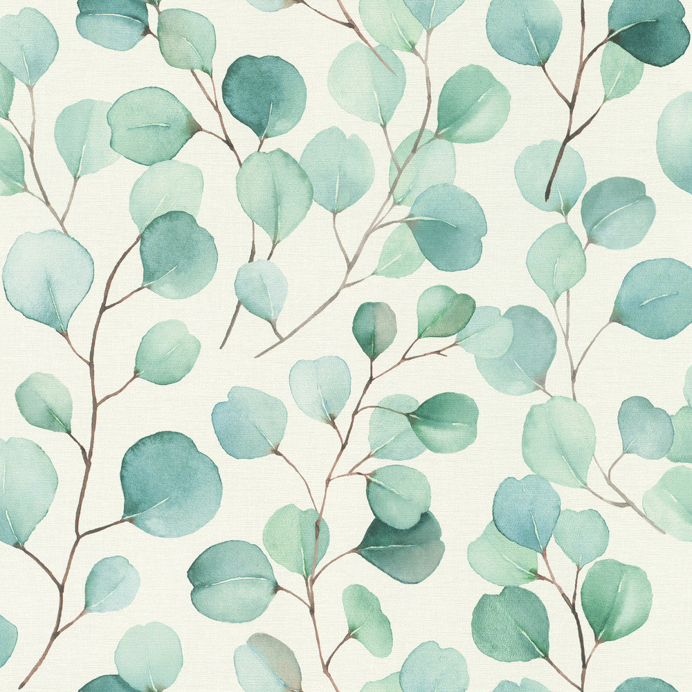 Elaina Aqua Watercolor Boughs Wallpaper by Rasch Rasch Covers about 57.5 square feet Germany Unpasted 10.43-in repeat, drop match 20.9-in by 33-ft long roll - Fabric Carolina -