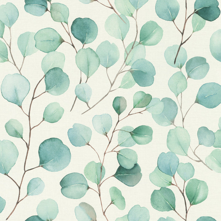 Elaina Aqua Watercolor Boughs Wallpaper by Rasch Rasch Covers about 57.5 square feet Germany Unpasted 10.43-in repeat, drop match 20.9-in by 33-ft long roll - Fabric Carolina -