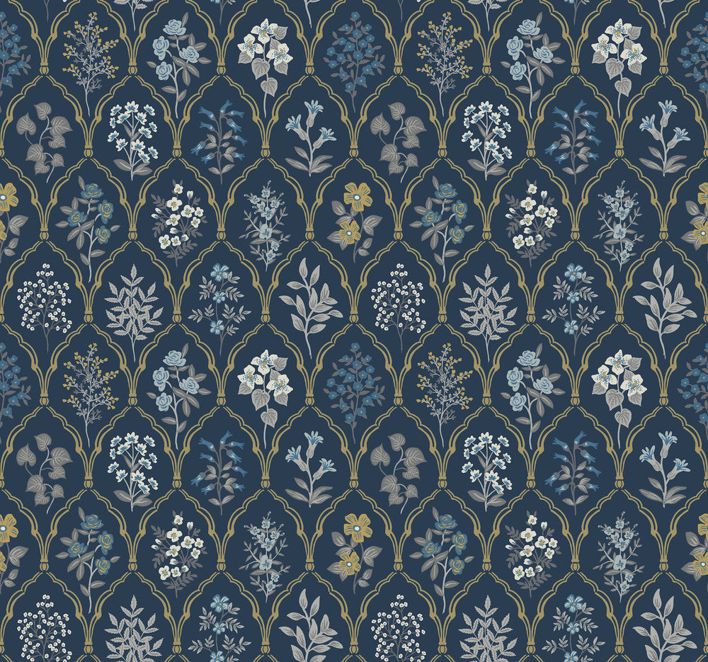 Hawthorne Navy & Gold Wallpaper by Rifle Paper Co. Rifle Paper Co. Covers about 60.8 square feet 27-in by 27-ft long roll Unpasted 25.25 - Fabric Carolina -