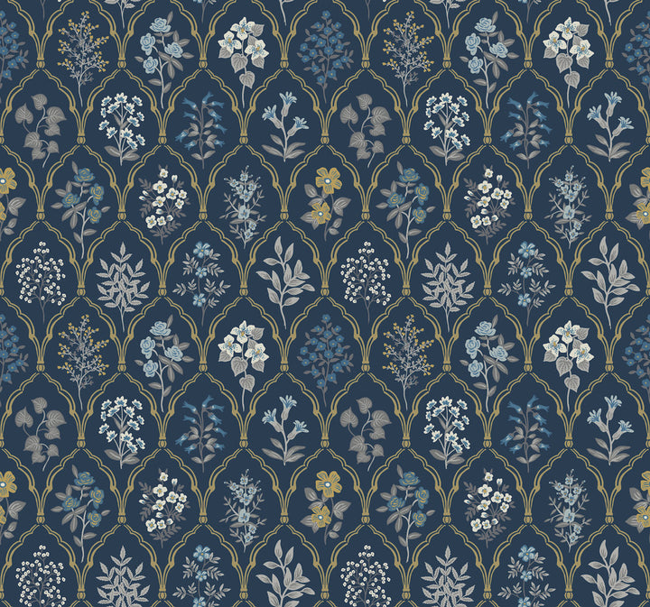 Hawthorne Navy & Gold Wallpaper by Rifle Paper Co. Rifle Paper Co. Covers about 60.8 square feet 27-in by 27-ft long roll Unpasted 25.25 - Fabric Carolina -