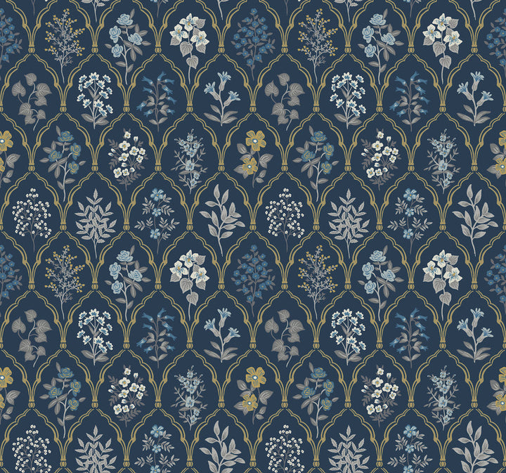 Hawthorne Navy & Gold Wallpaper by Rifle Paper Co. Designer Rifle Paper Co. Covers about 60.8 square feet 27-in by 27-ft long roll Unpasted 25.25 - Swanky Fabrics -