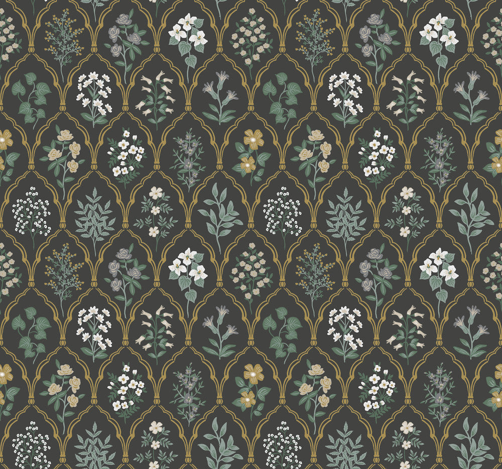 Hawthorne Black & Cream Wallpaper by Rifle Paper Co. Rifle Paper Co. Covers about 60.8 square feet 27-in by 27-ft long roll Unpasted 25.25 - Fabric Carolina -