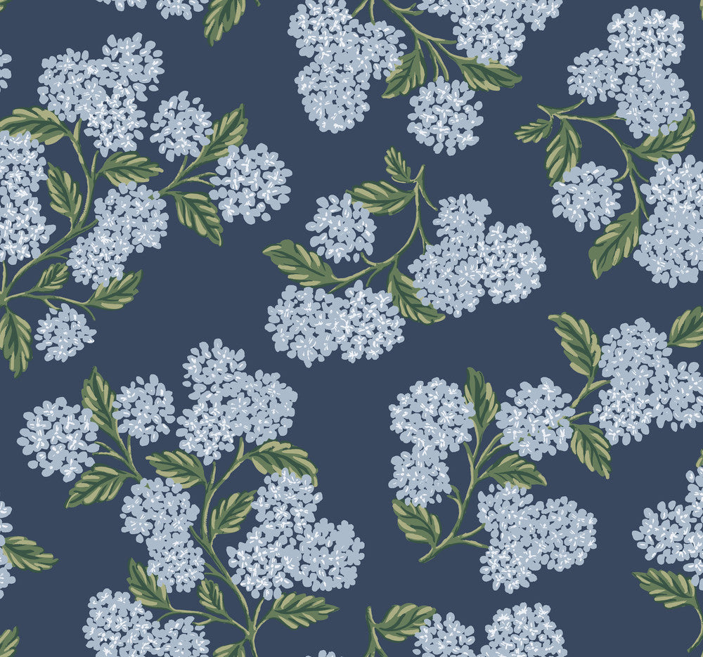 Hydrangea Navy Wallpaper by Rifle Paper Co. Rifle Paper Co. Covers about 60.8 square feet 27-in by 27-ft long roll Unpasted 25.25 - Fabric Carolina -