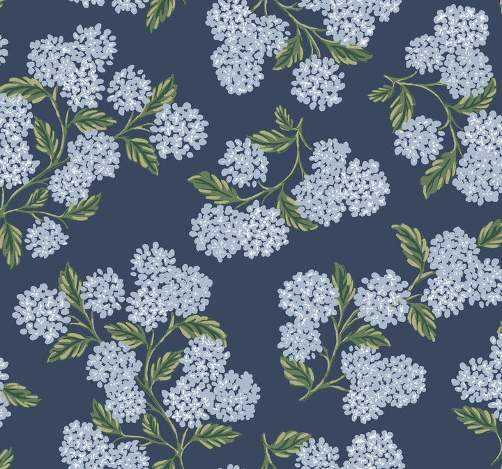 Hydrangea Navy Wallpaper by Rifle Paper Co. Rifle Paper Co. Covers about 60.8 square feet 27-in by 27-ft long roll Unpasted 25.25 - Fabric Carolina -