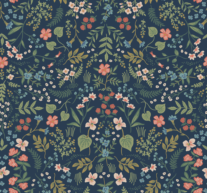 Wildwood Navy Wallpaper by Rifle Paper Co. Rifle Paper Co. Covers about 60.8 square feet 27-in by 27-ft long roll Unpasted 25.25 - Fabric Carolina -